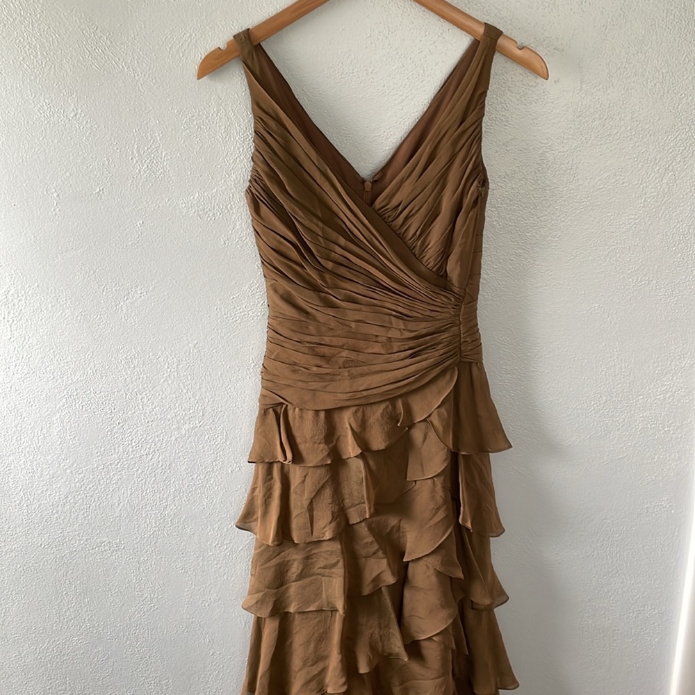 TADASHI Sleeveless V-Neck‎ Ruffle Tiered High Low Golden Brown Dress Size 4P